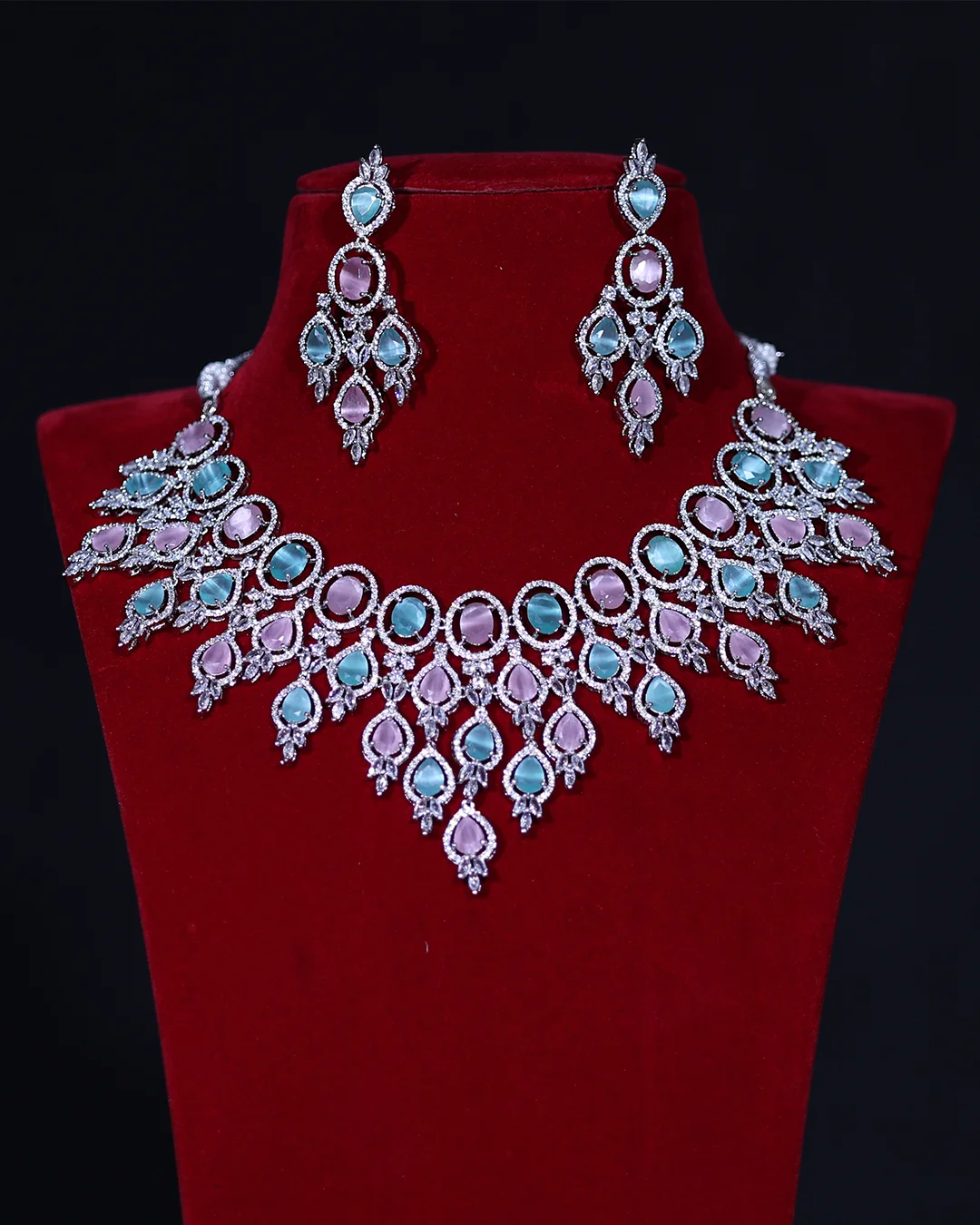 Light Green & Pink Crystal Bridal Necklace Set for Women – Wedding & Party Wear Jewellery