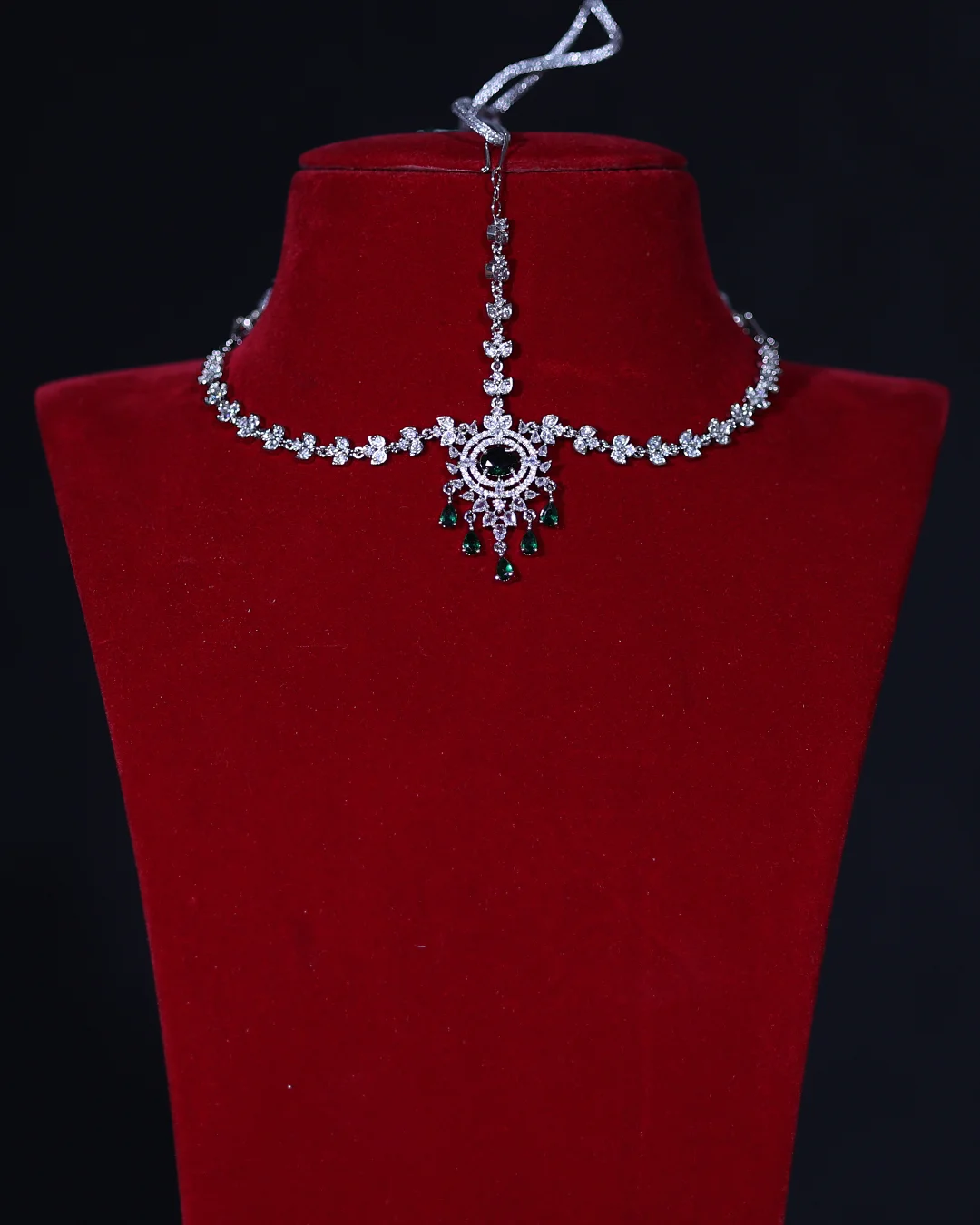 Bridal American Diamond Maang Tikka with Green Stones
