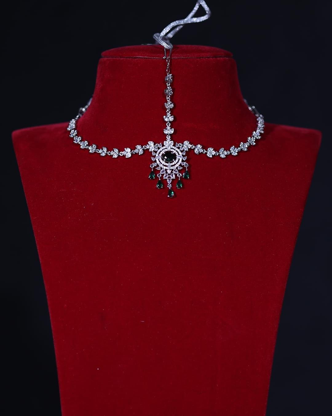 Bridal American Diamond Maang Tikka with Green Stones