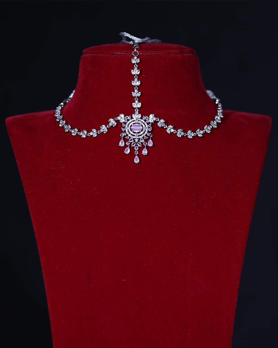 American Diamond Pink Drop Maang Tikka