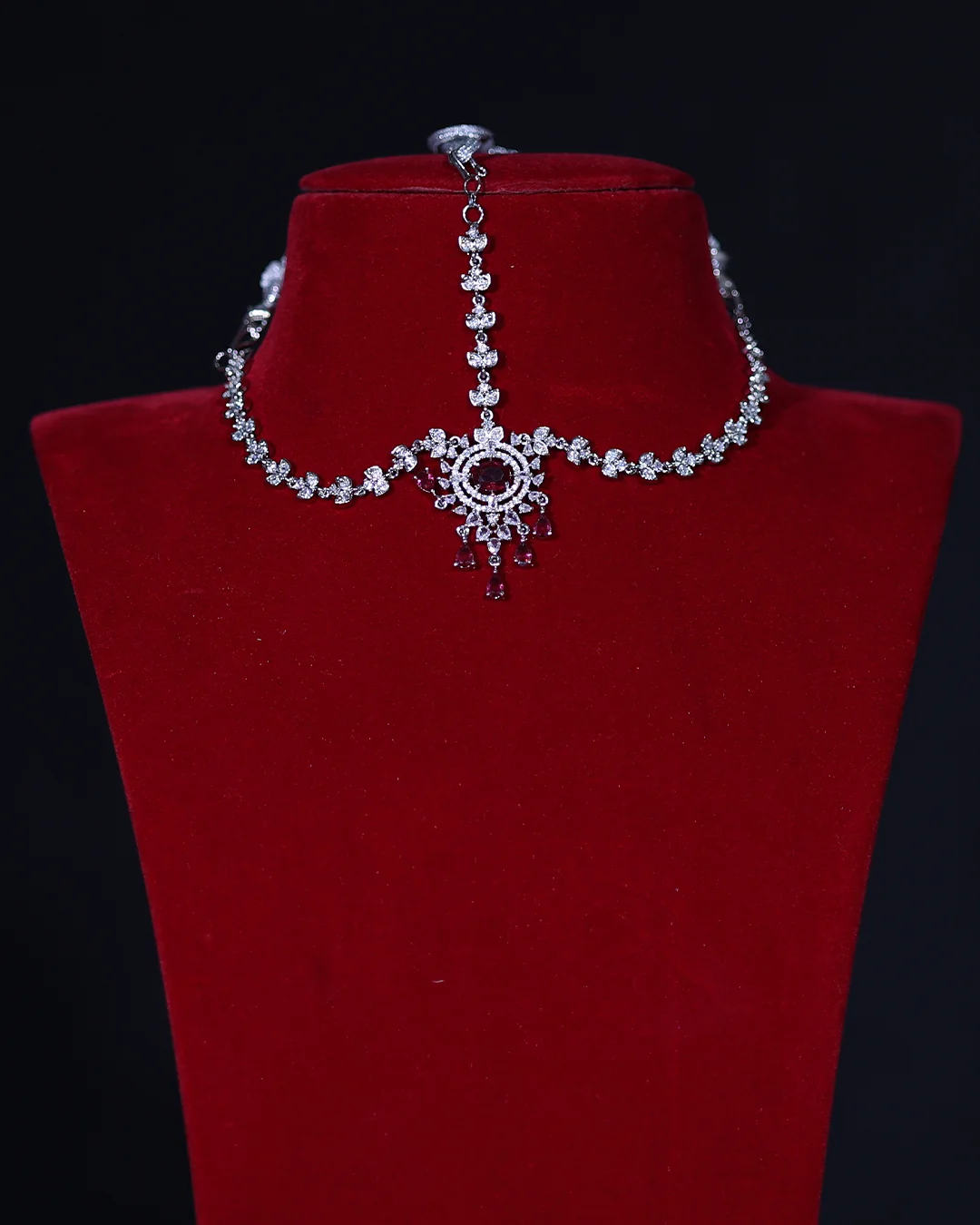 American Diamond Red Drop Maang Tikka