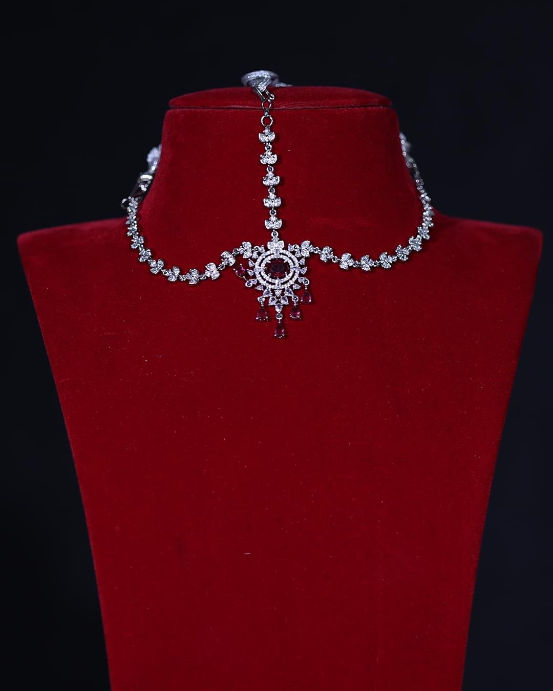 American Diamond Red Drop Maang Tikka