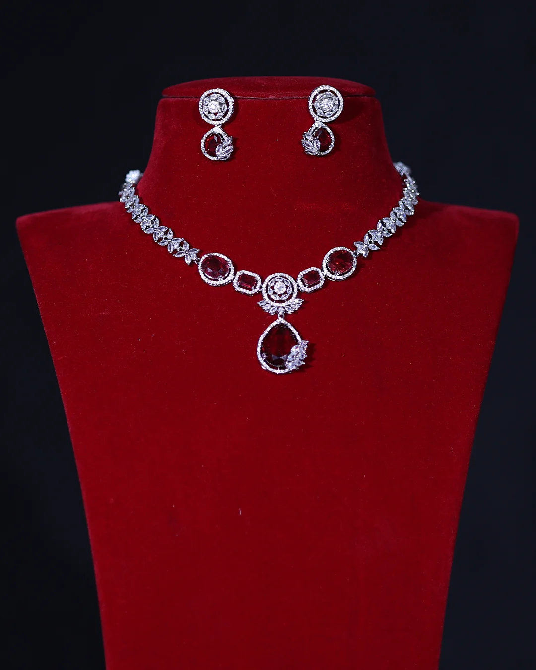 Red Stone Pendant Necklace Set for Women – Diamond Look Wedding & Party Wear Jewellery