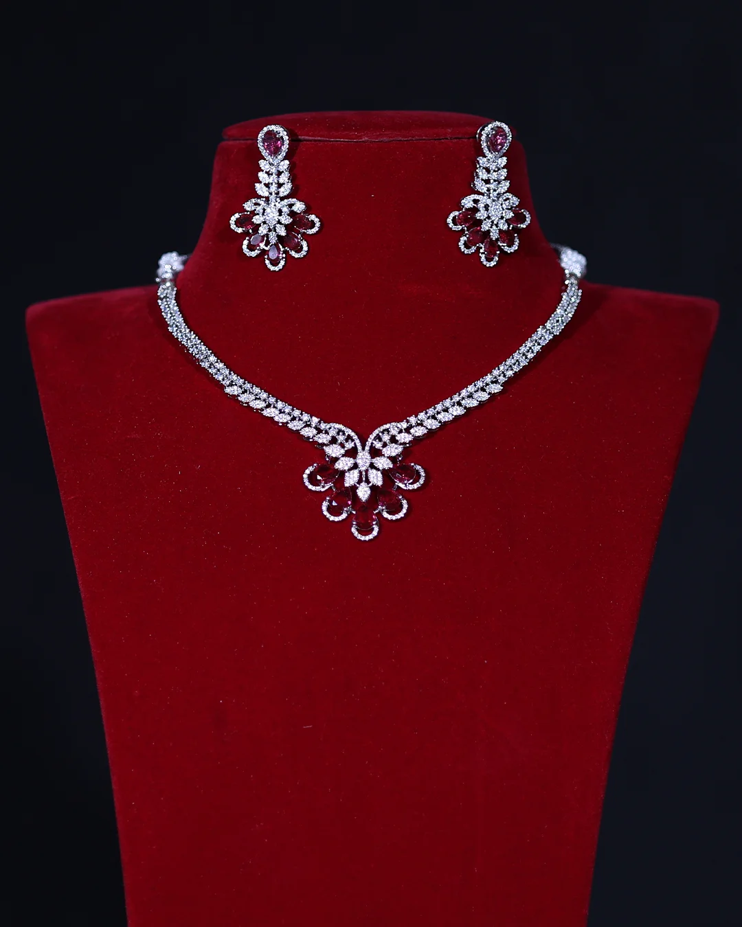 Ruby Red Diamond Look CZ Necklace Set – Bridal & Party Wear Jewellery for Women