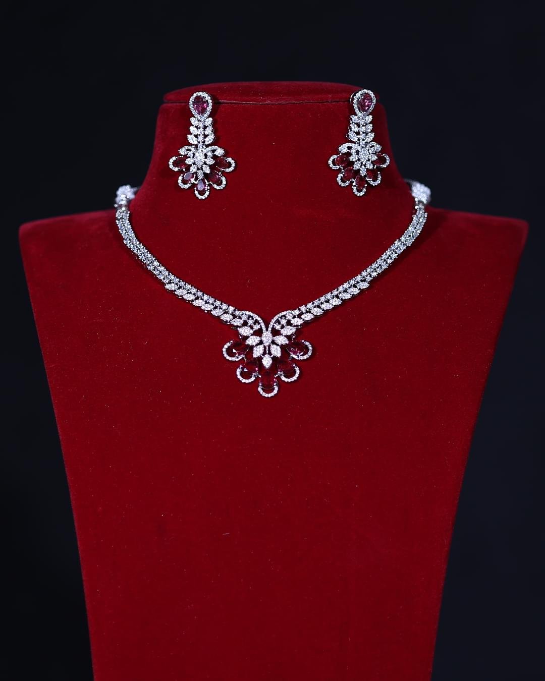 Ruby Red Diamond Look CZ Necklace Set – Bridal & Party Wear Jewellery for Women