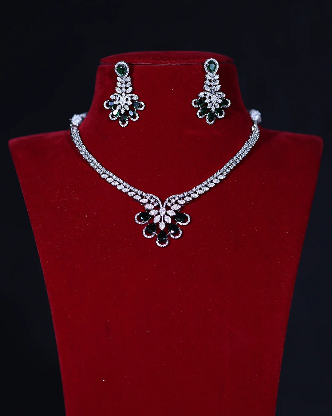 Emerald Green Diamond Look CZ Necklace Set – Bridal & Party Wear Jewellery for Women
