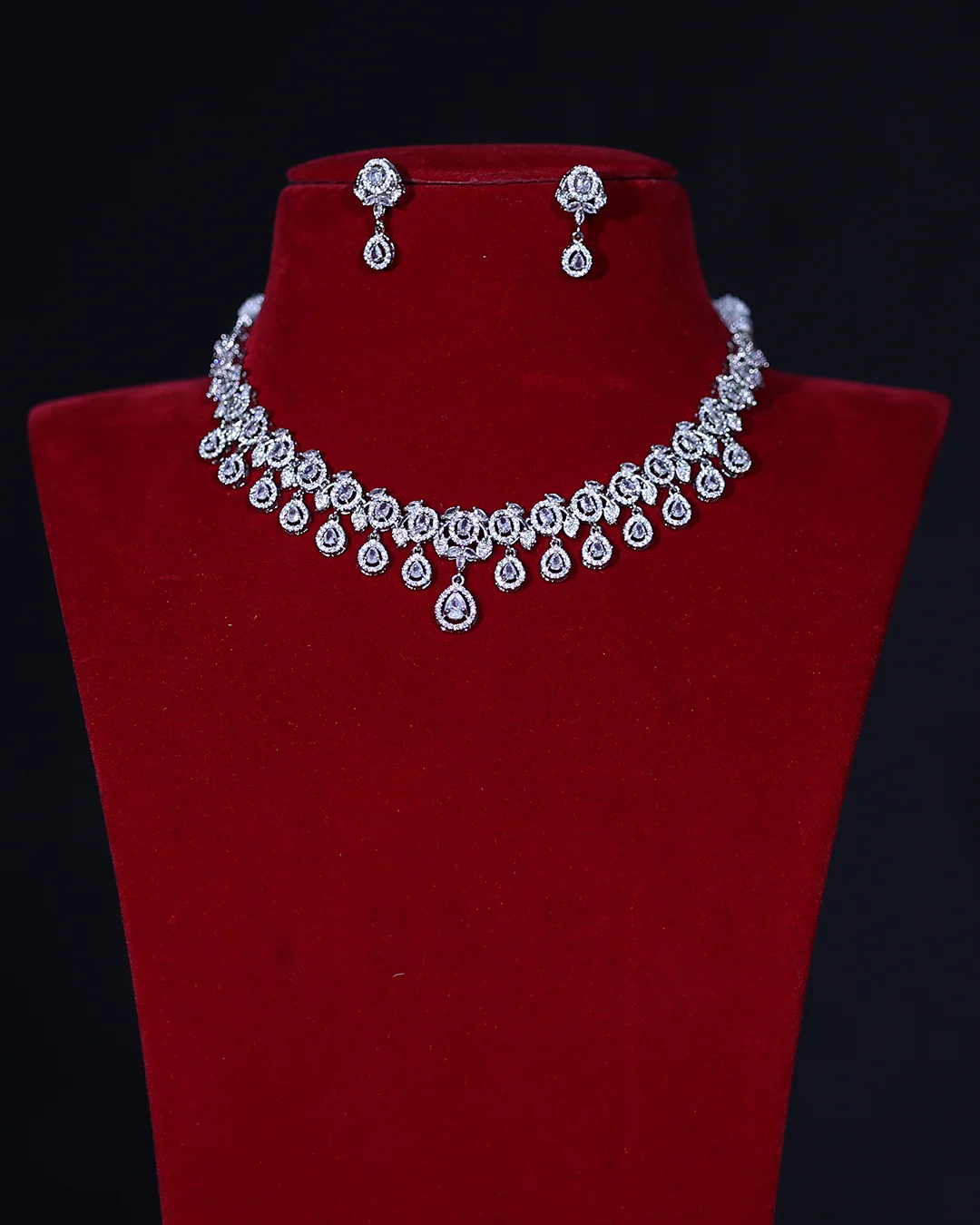 American Diamond Red Teardrop Bridal Necklace Set
