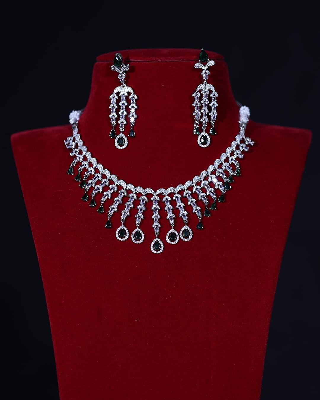 American Diamond Green Drop Bridal Necklace Set