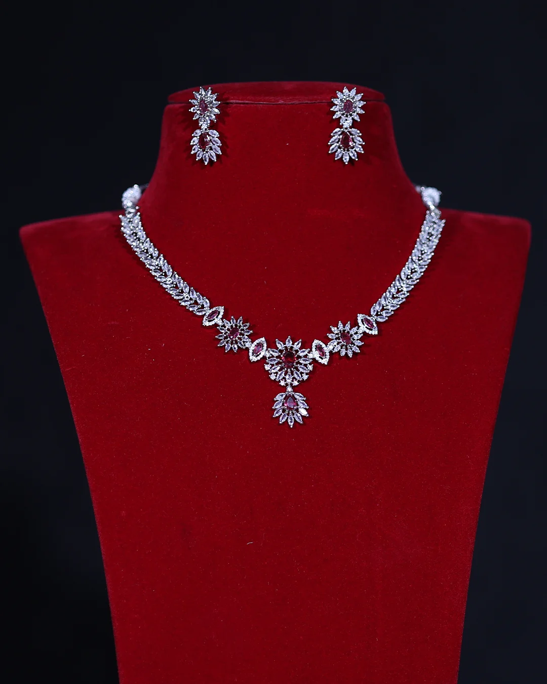American Diamond Red Floral Bridal Necklace Set