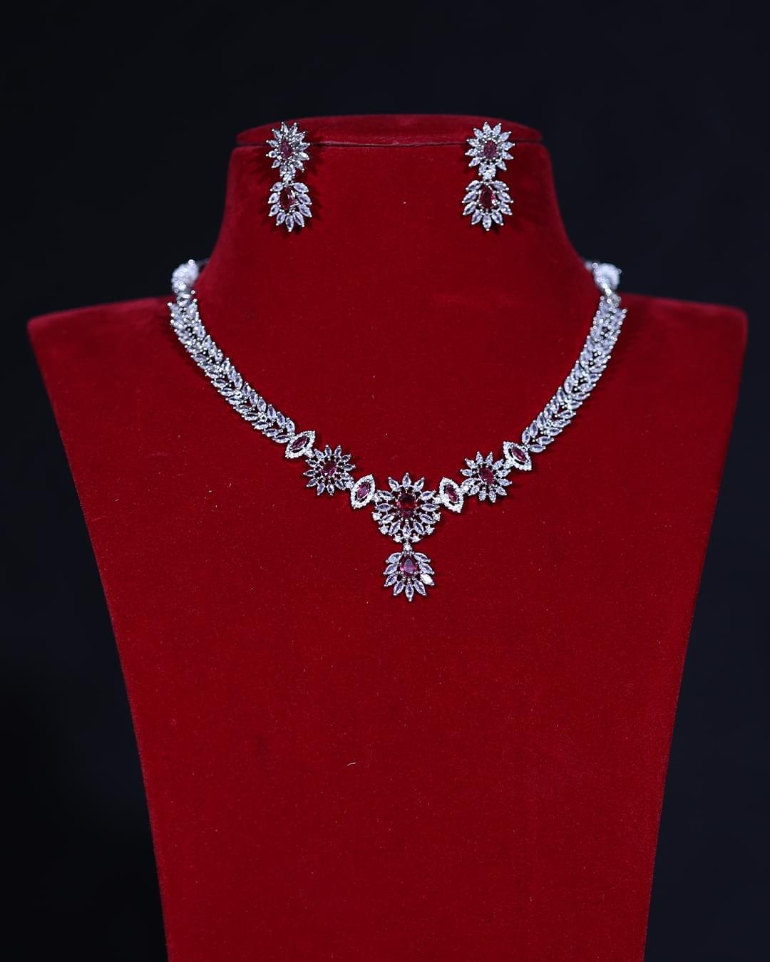 American Diamond Red Floral Bridal Necklace Set