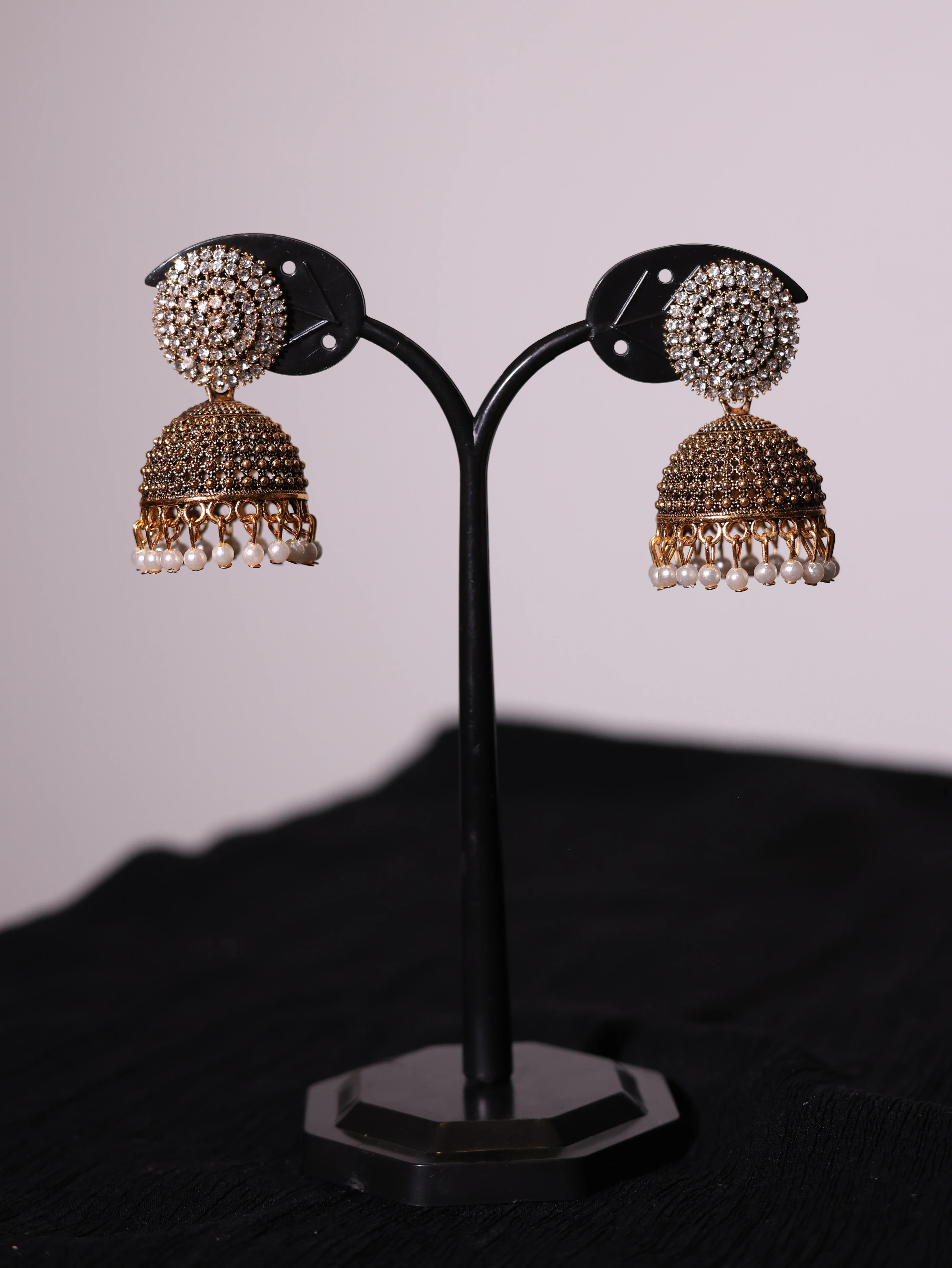 Antique Gold Crystal Stud Jhumka Earrings with Pearl Drops