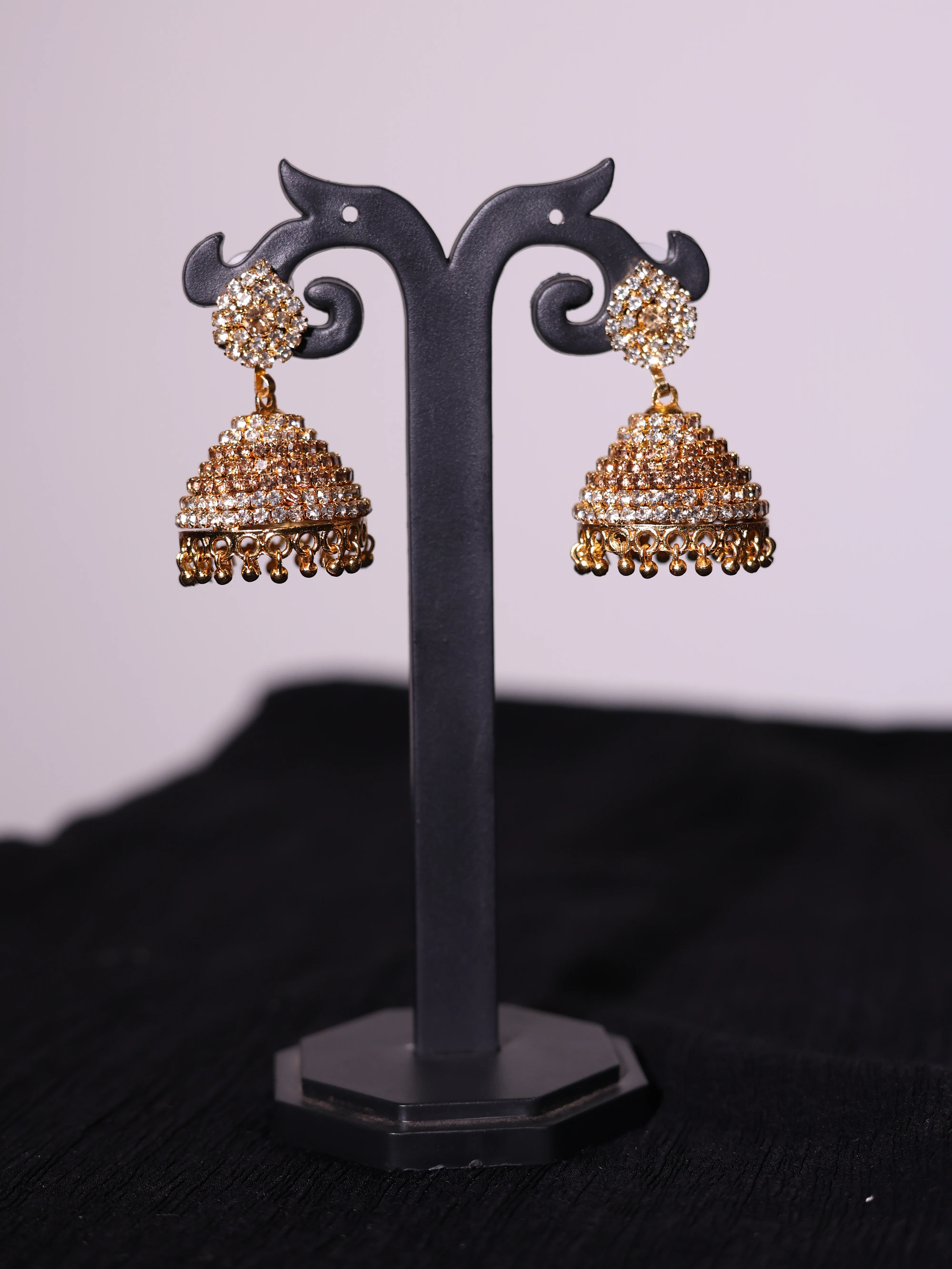 Silver Crystal Gold Dome Jhumka Earrings