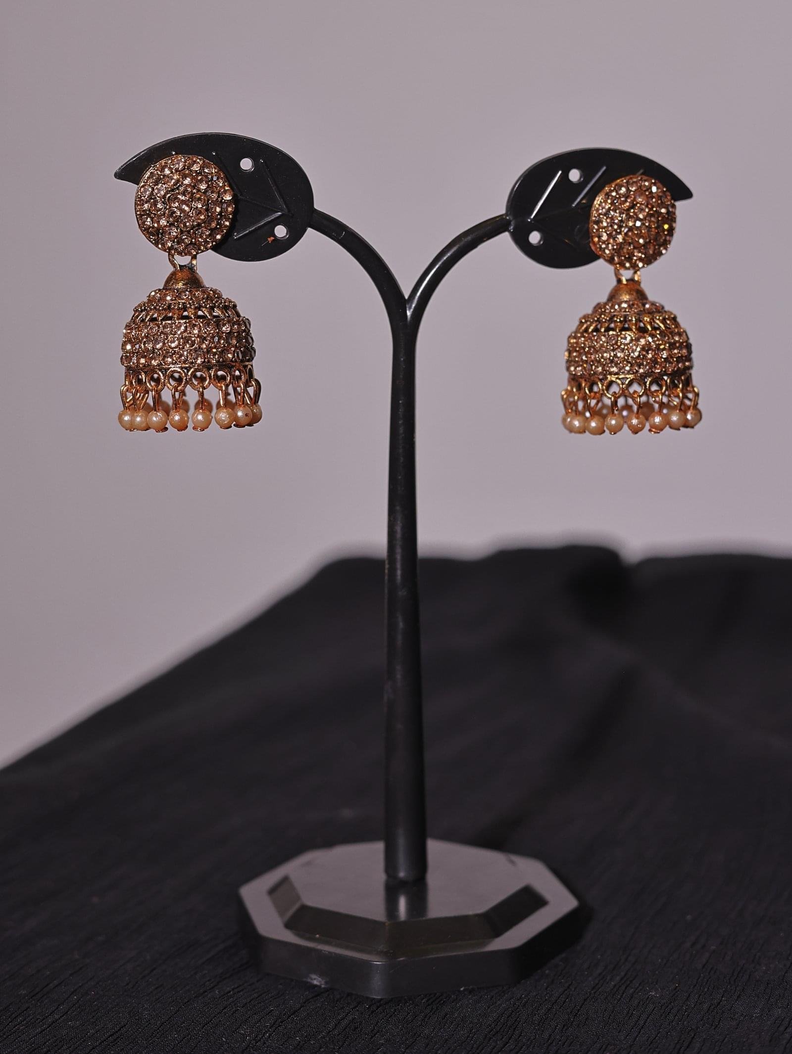 Antique Gold Crystal Pearl Jhumka Earrings