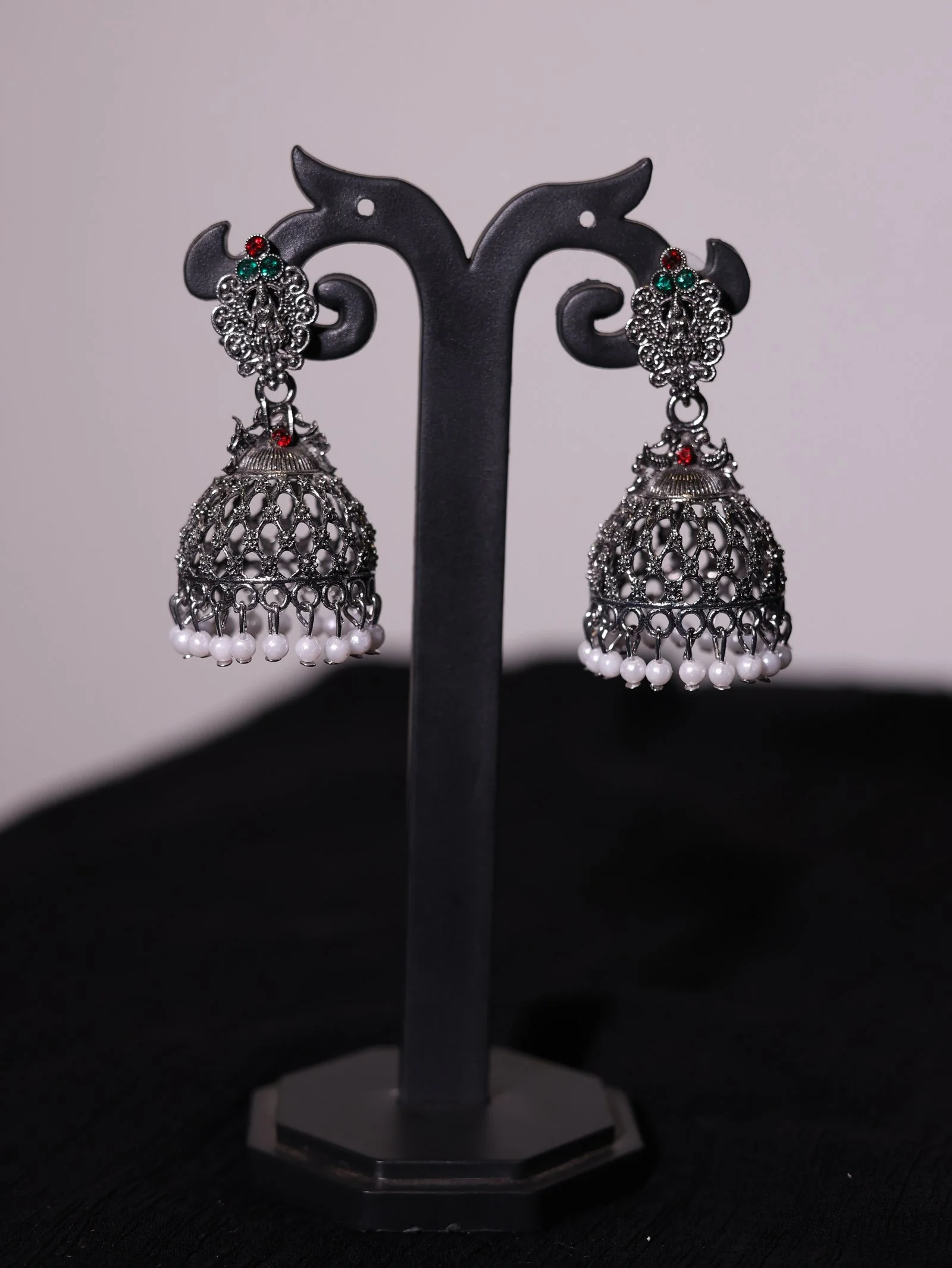 Oxidized Silver Pearl Drop Jhumka Earrings