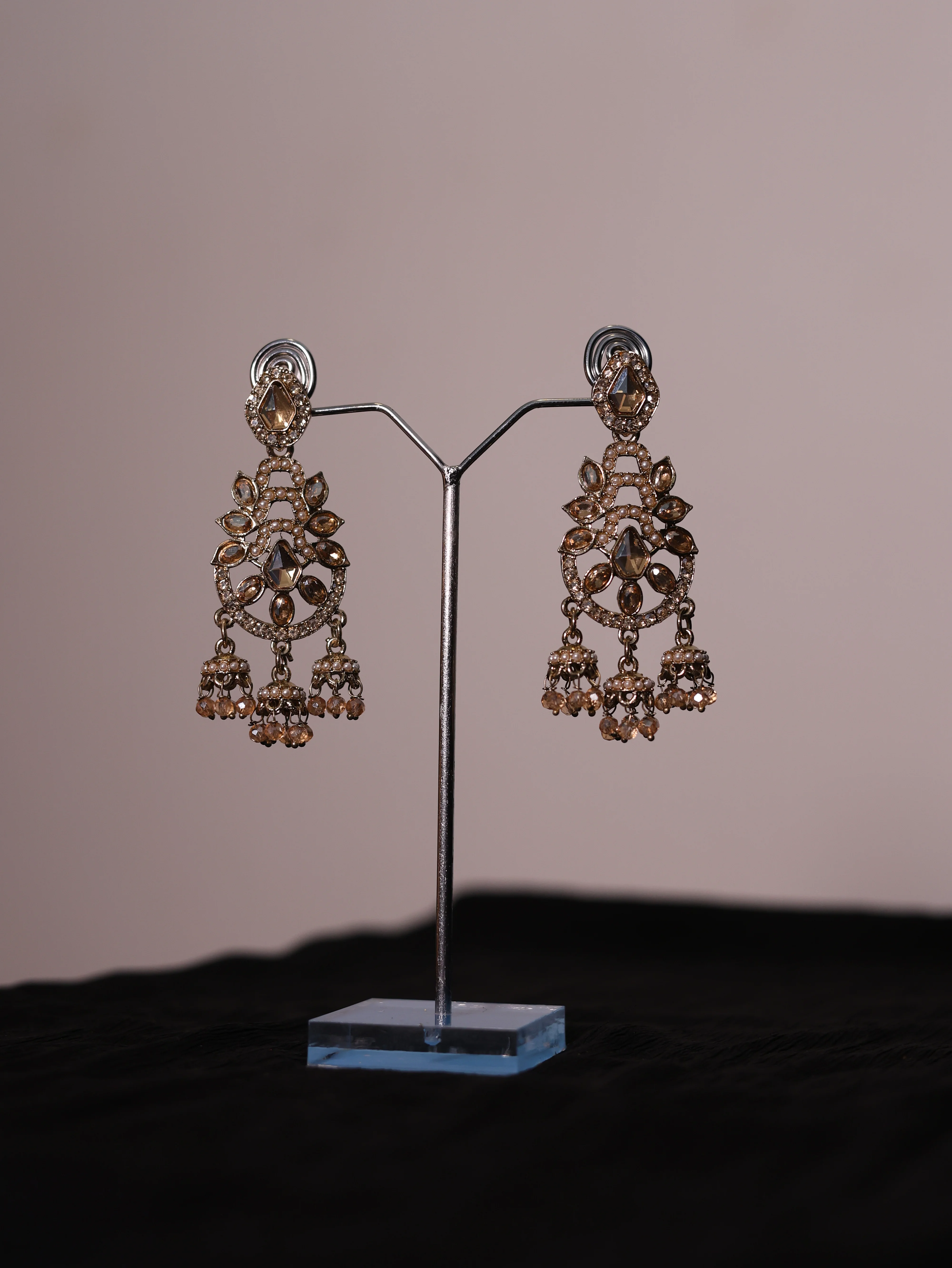 Antique Gold Kundan Crystal Chandbali Earrings
