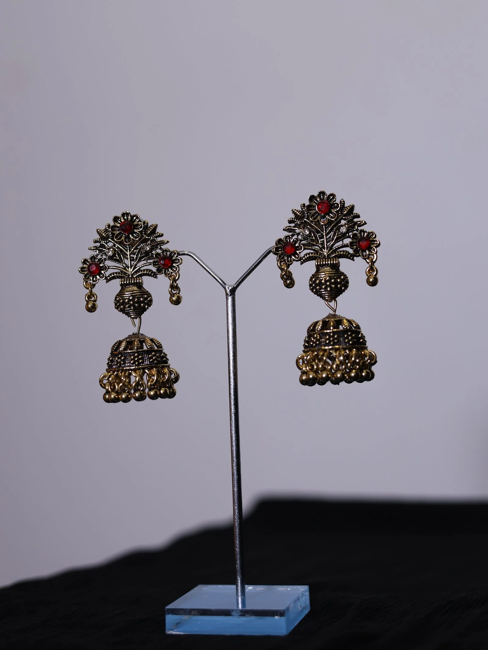 Antique Gold Floral Jhumka Earrings with Red,Pink and Blue Stone